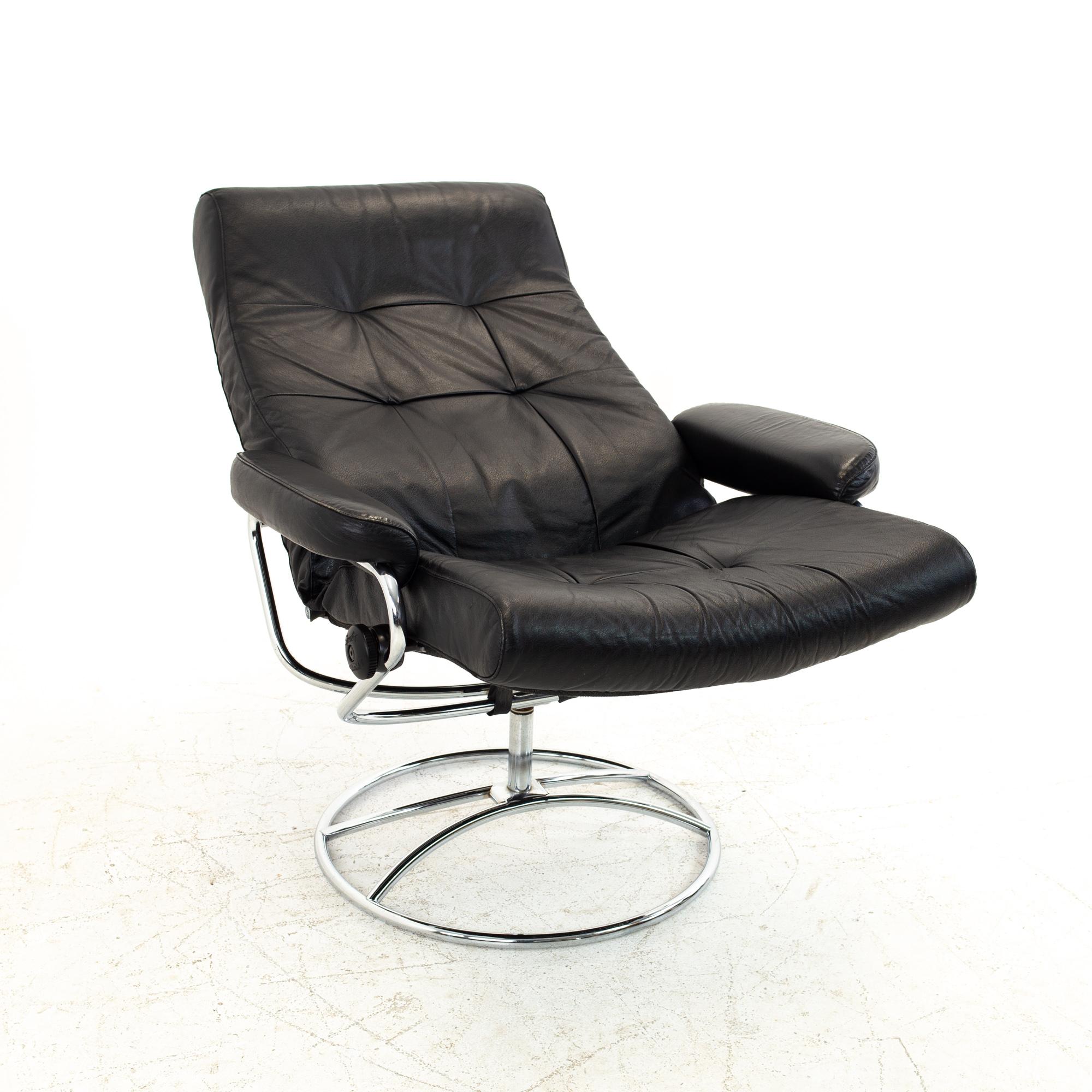 Ekornes Mid Century Black and Chrome Lounge Chair and Ottoman 3