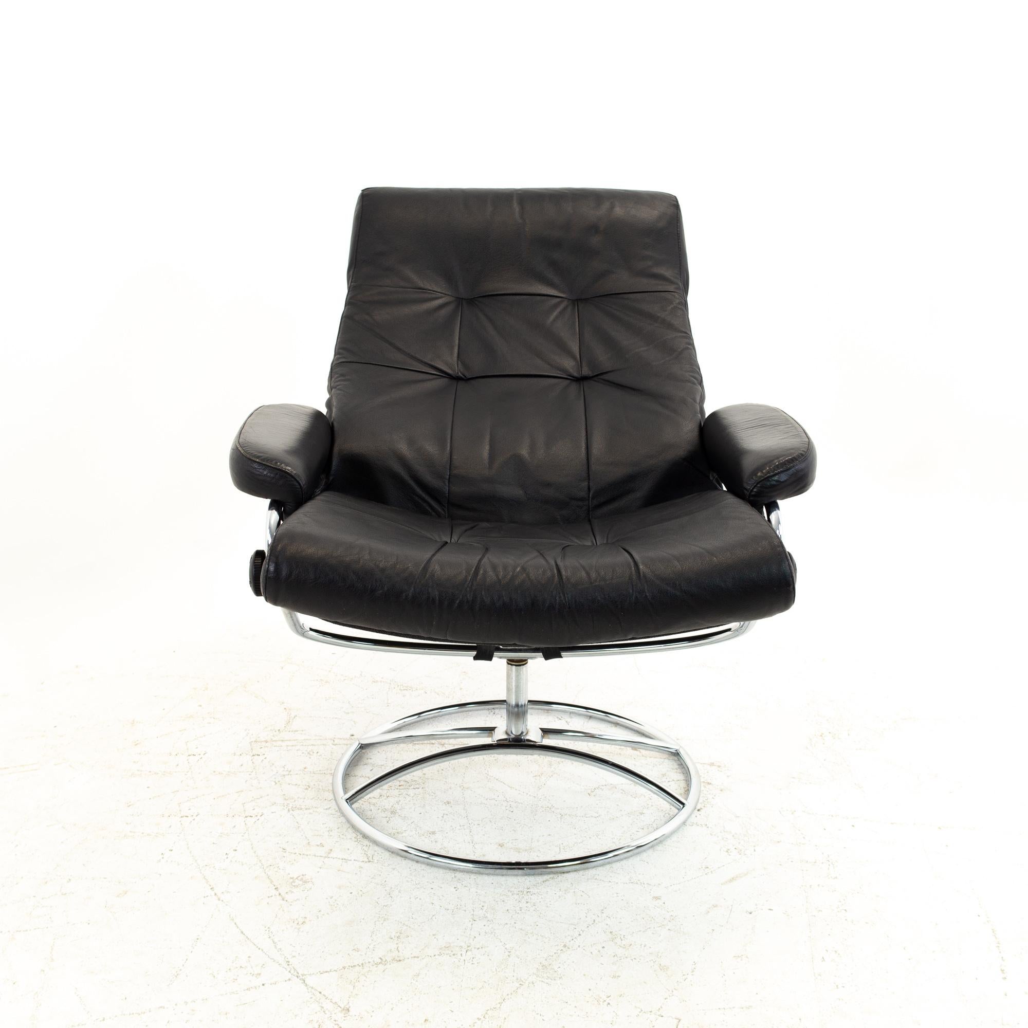 Ekornes Mid Century Black and Chrome Lounge Chair and Ottoman 4