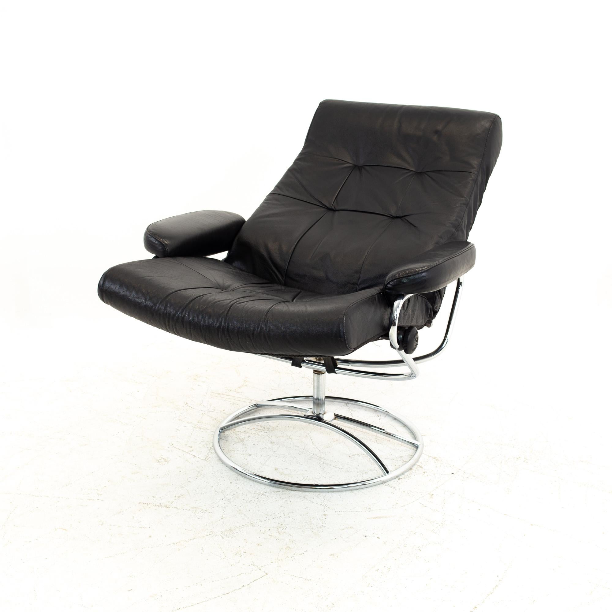 Ekornes Mid Century Black and Chrome Lounge Chair and Ottoman 5