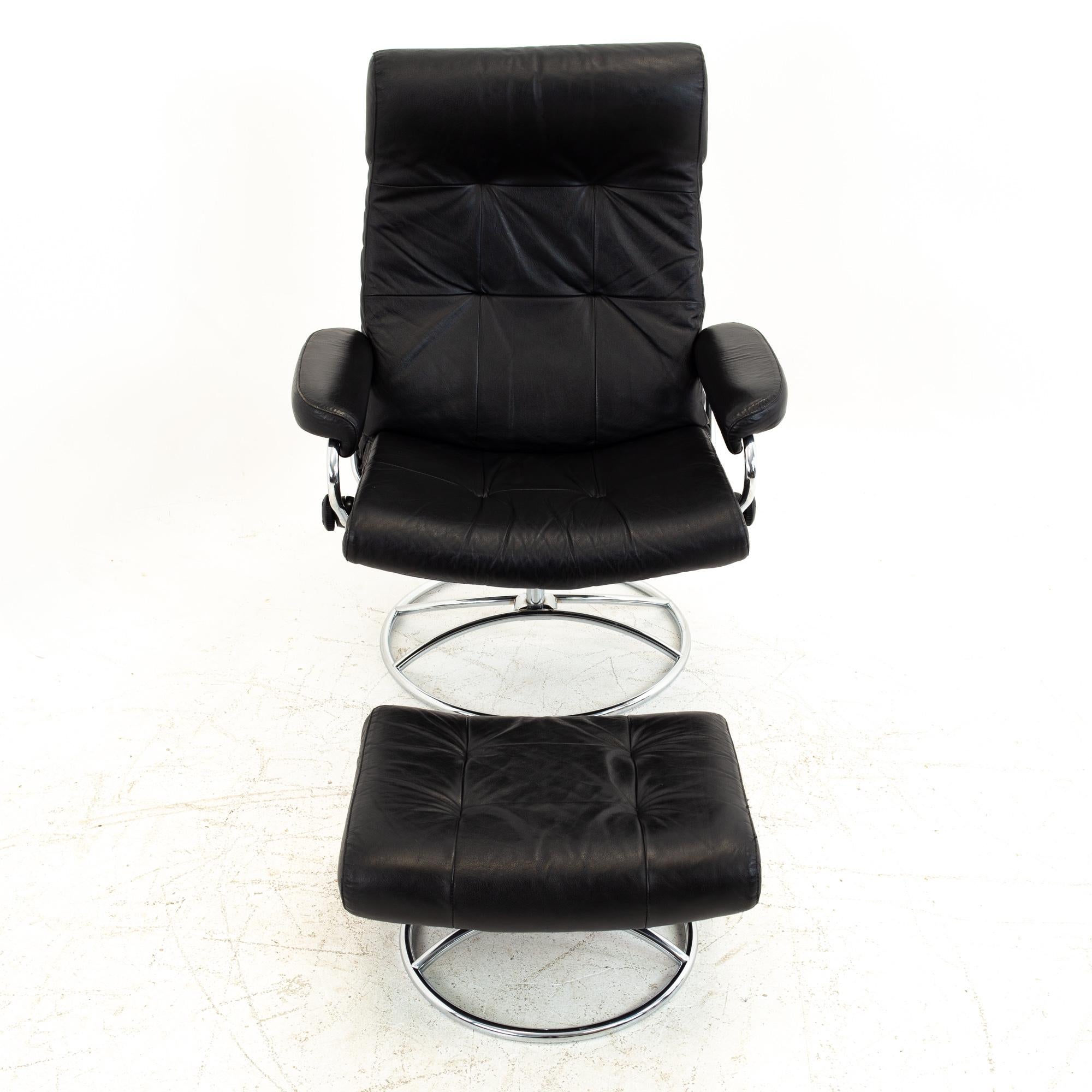 Ekornes Mid Century black and chrome lounge chair and ottoman
Chair measures: 32.5 wide x 27.75 deep x 43 high, with a seat height of 19.75 inches

Each piece of furniture is available in what we call restored vintage condition. Upon purchase it is