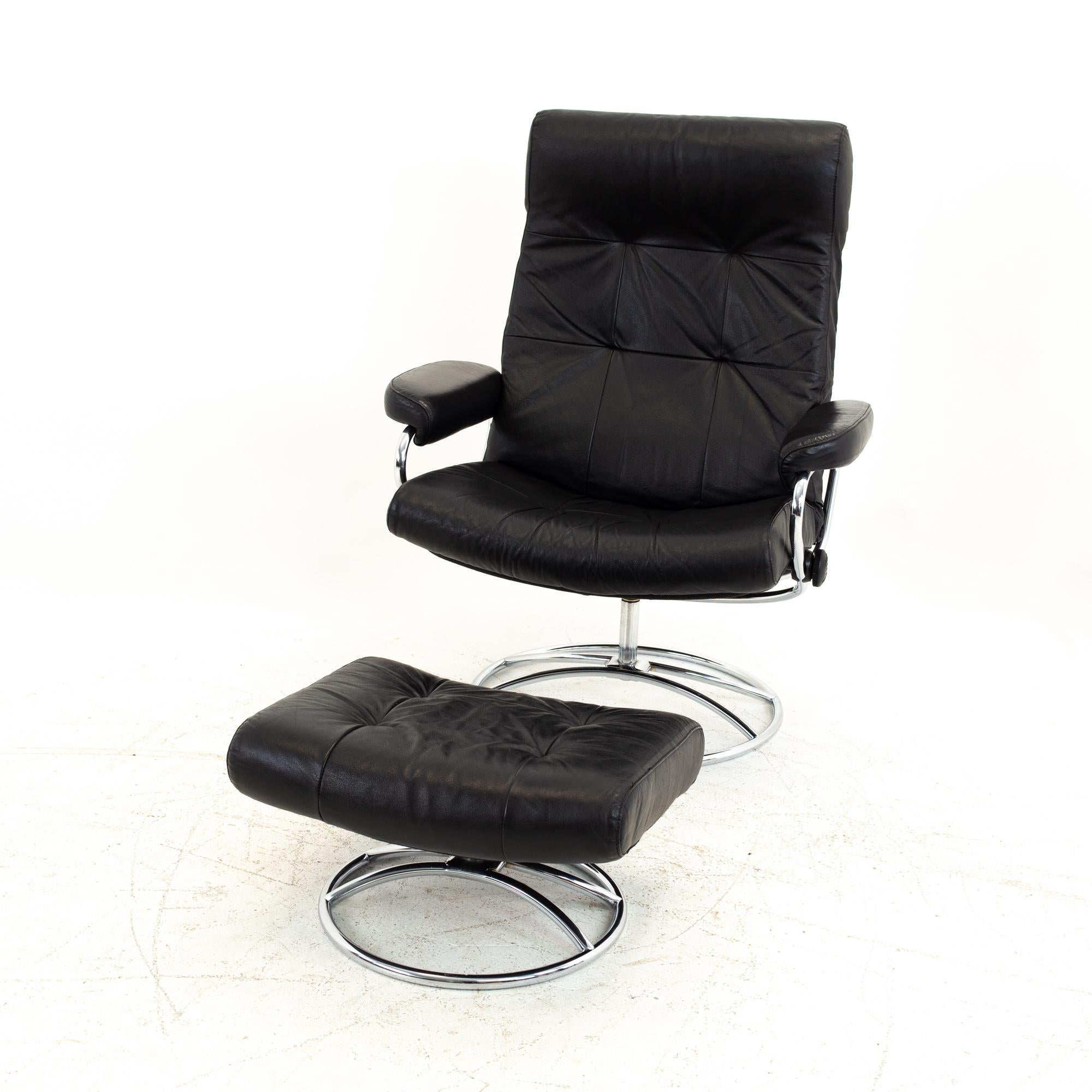 Mid-Century Modern Ekornes Mid Century Black and Chrome Lounge Chair and Ottoman