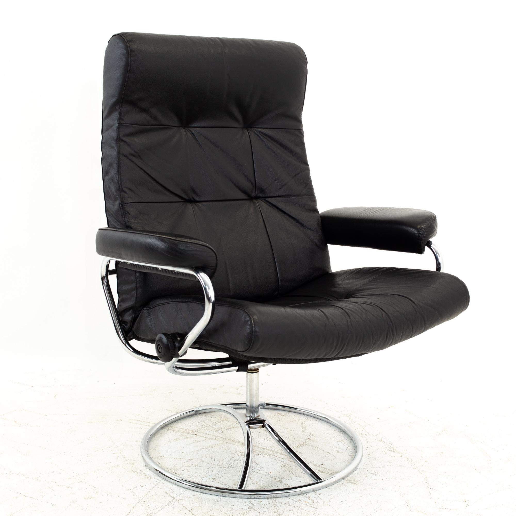 Norwegian Ekornes Mid Century Black and Chrome Lounge Chair and Ottoman