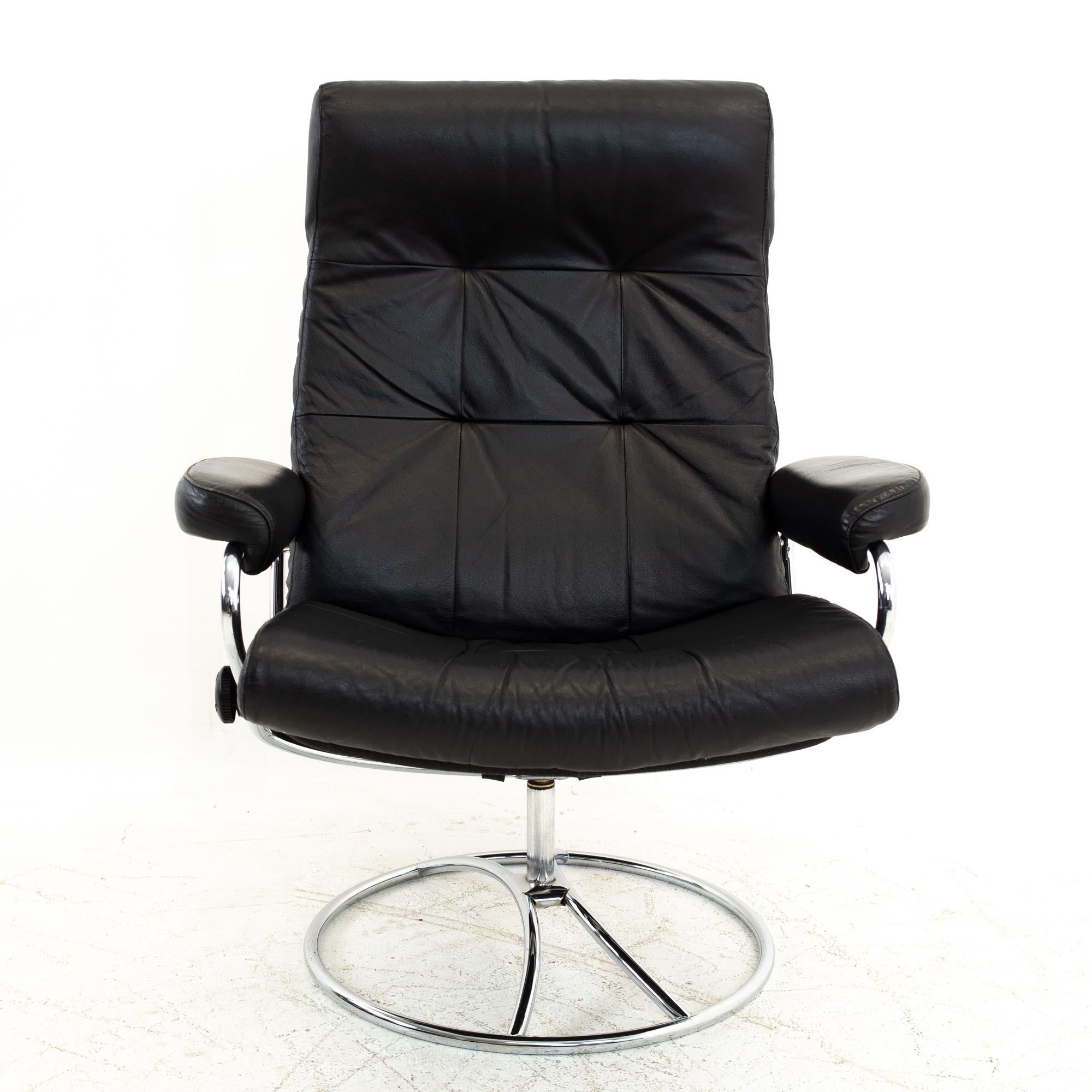 Late 20th Century Ekornes Mid Century Black and Chrome Lounge Chair and Ottoman