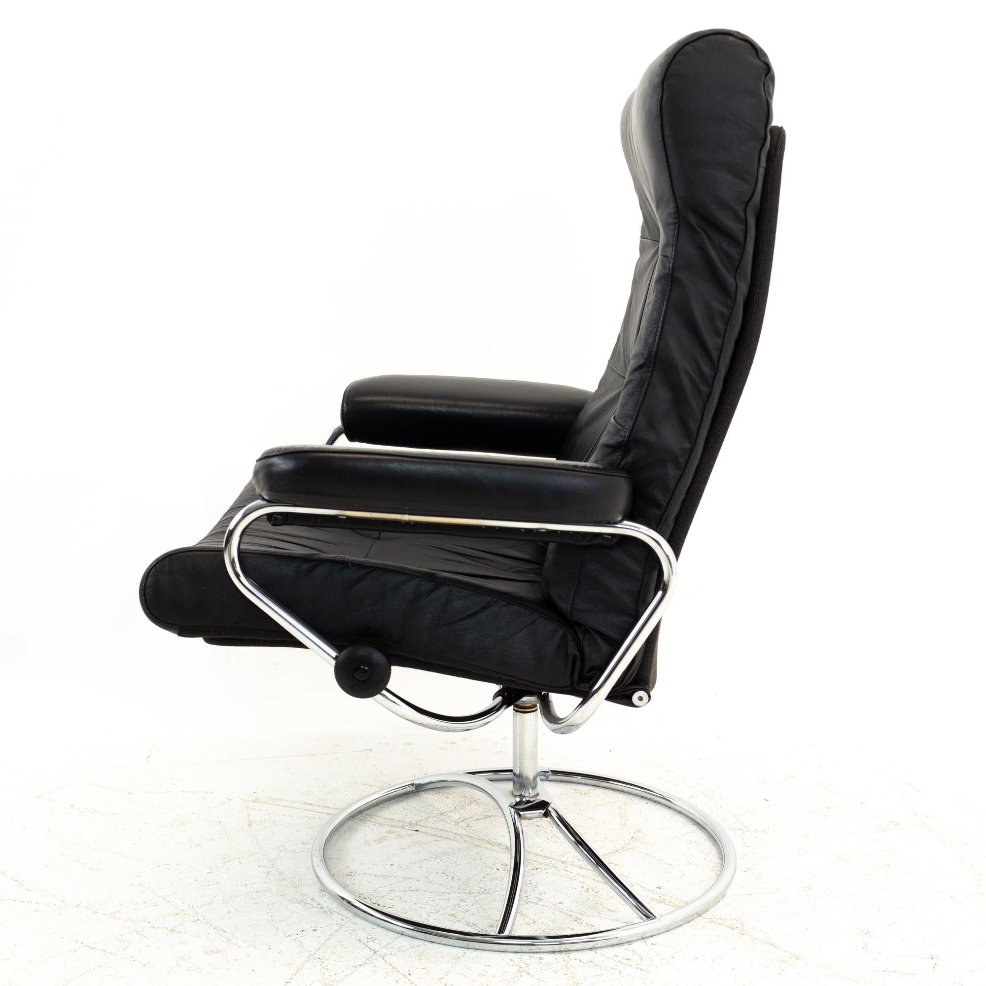 Ekornes Mid Century Black and Chrome Lounge Chair and Ottoman 1