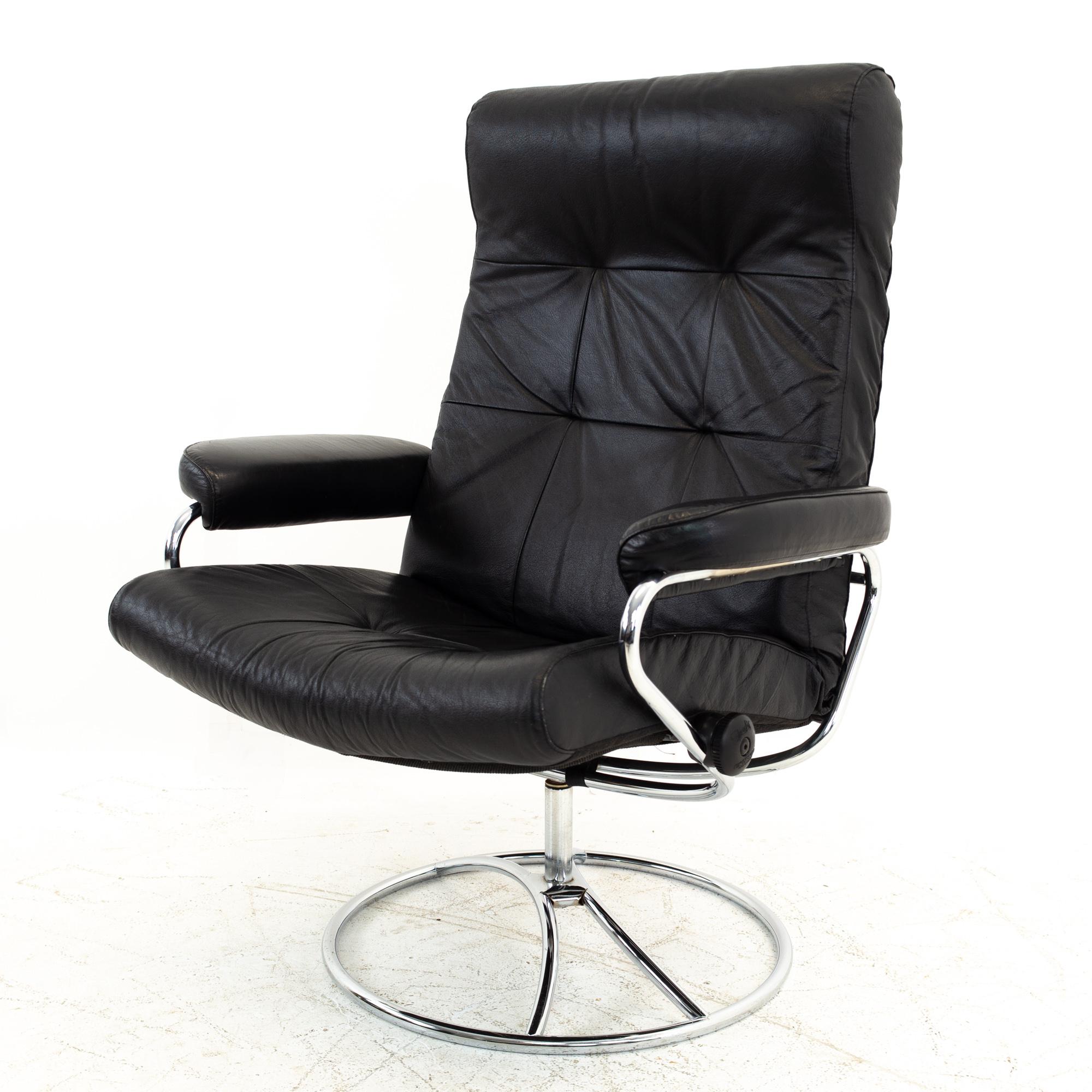 Ekornes Mid Century Black and Chrome Lounge Chair and Ottoman 2