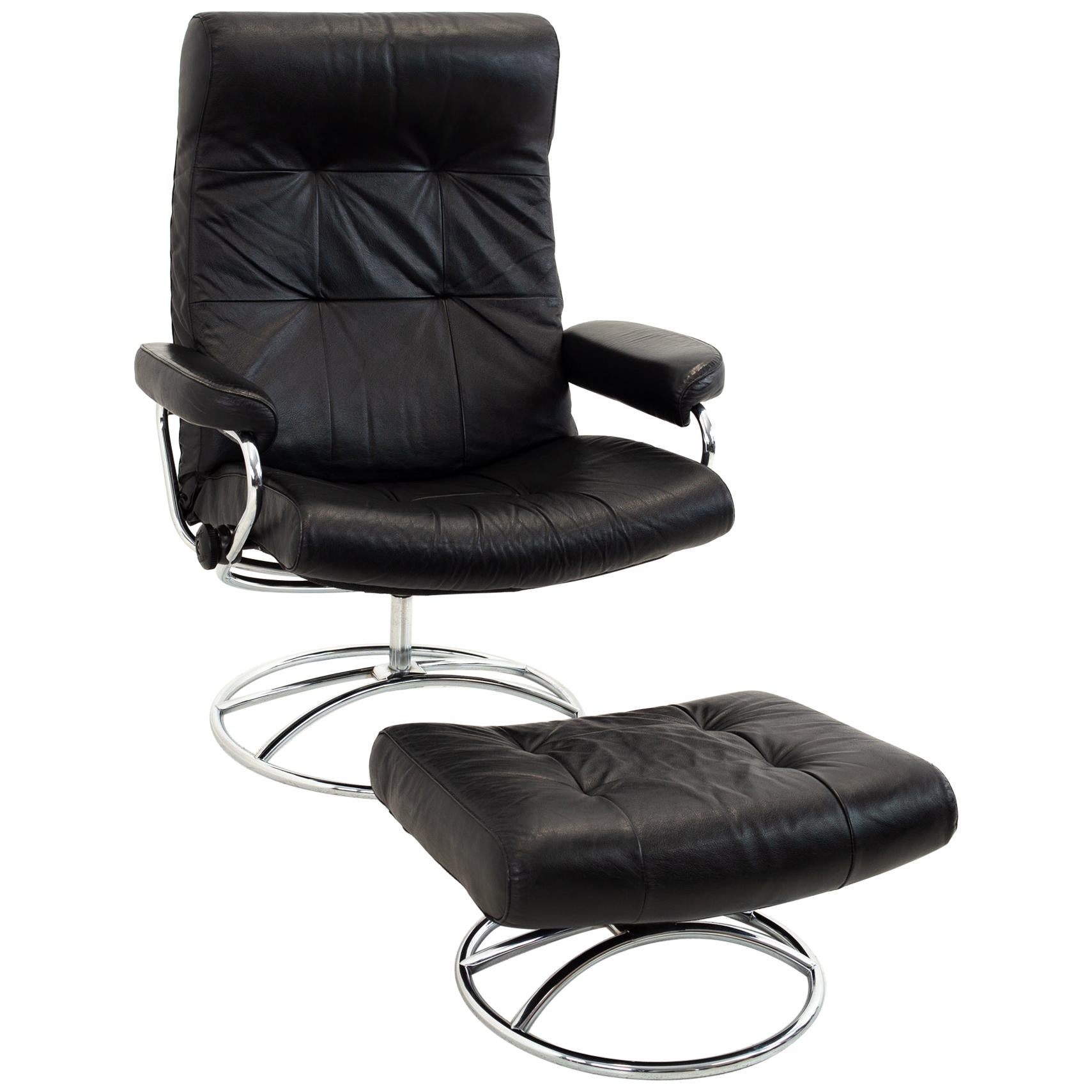 Ekornes Mid Century Black and Chrome Lounge Chair and Ottoman