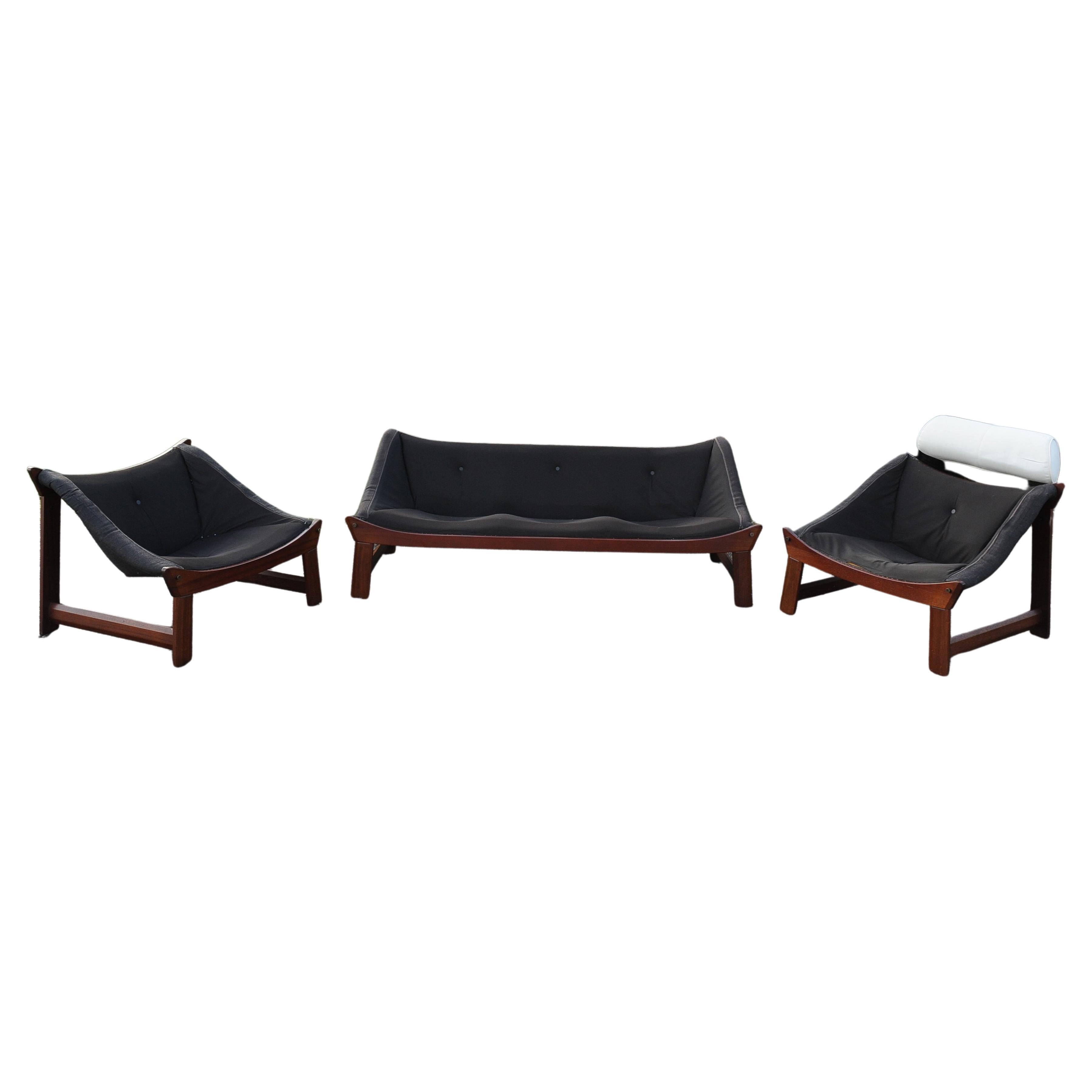 20th Century Ekornes Prototype Three Seater Sofa Suite & Two Armchairs Made in Norway 1970's For Sale