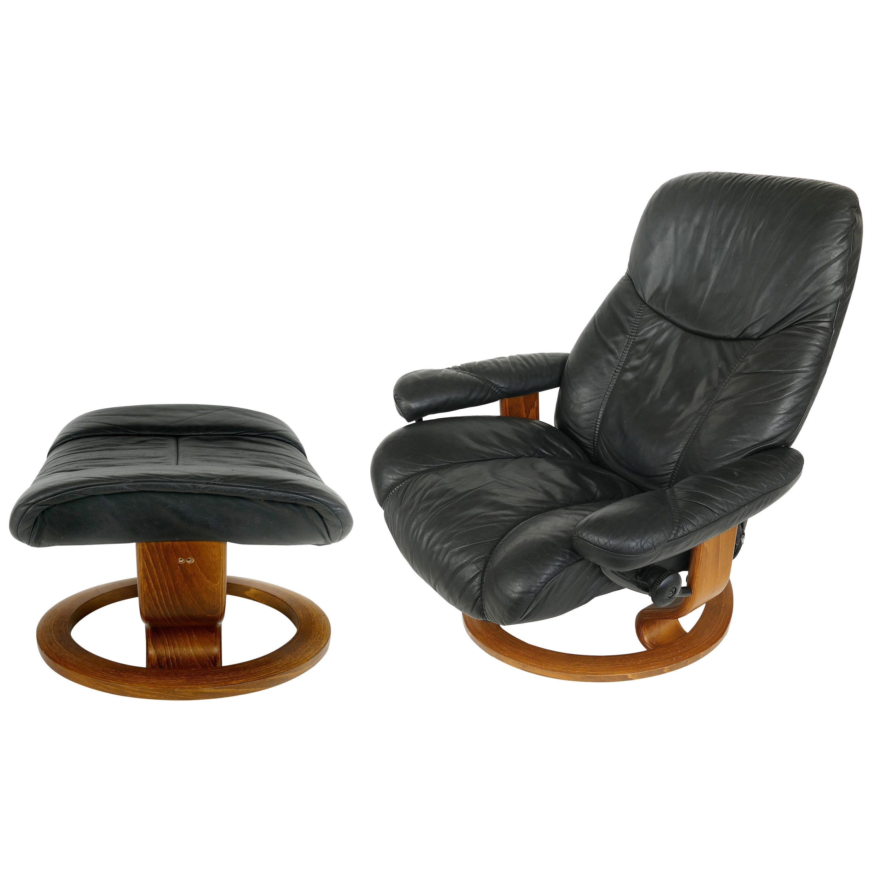 Ekornes Reclining Leather Lounge Chair with Ottoman, Norway