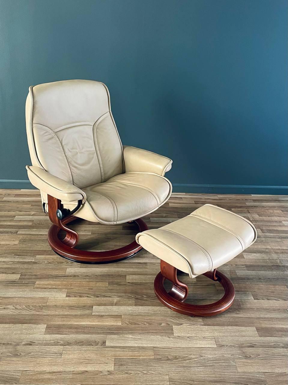 Post-Modern Ekornes Stressless Beige Leather Reclining Swivel Lounge Chair with Ottoman