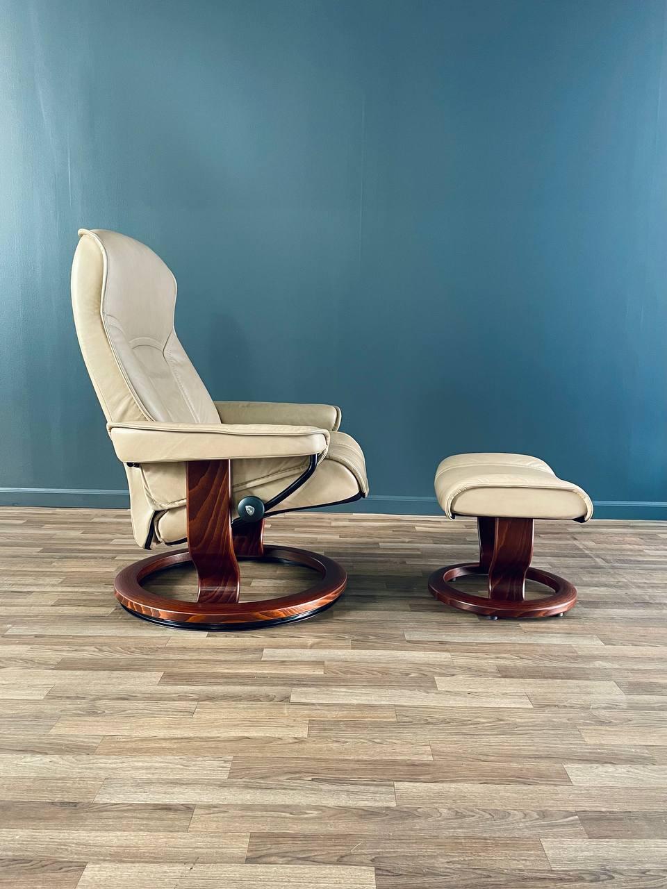 Post-Modern Ekornes Stressless Beige Leather Reclining Swivel Lounge Chair with Ottoman