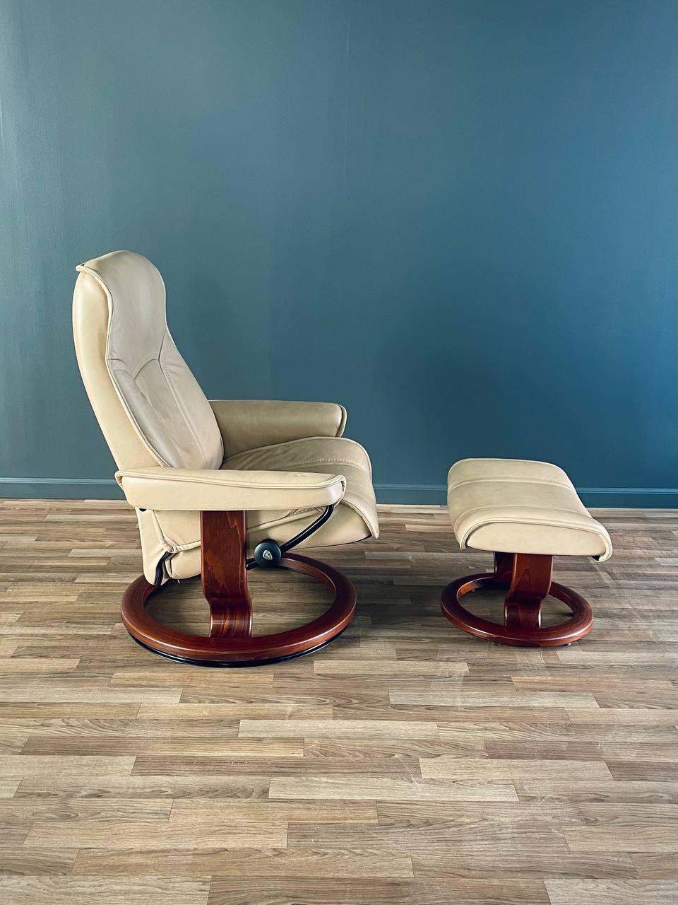 Swedish Ekornes Stressless Beige Leather Reclining Swivel Lounge Chair with Ottoman