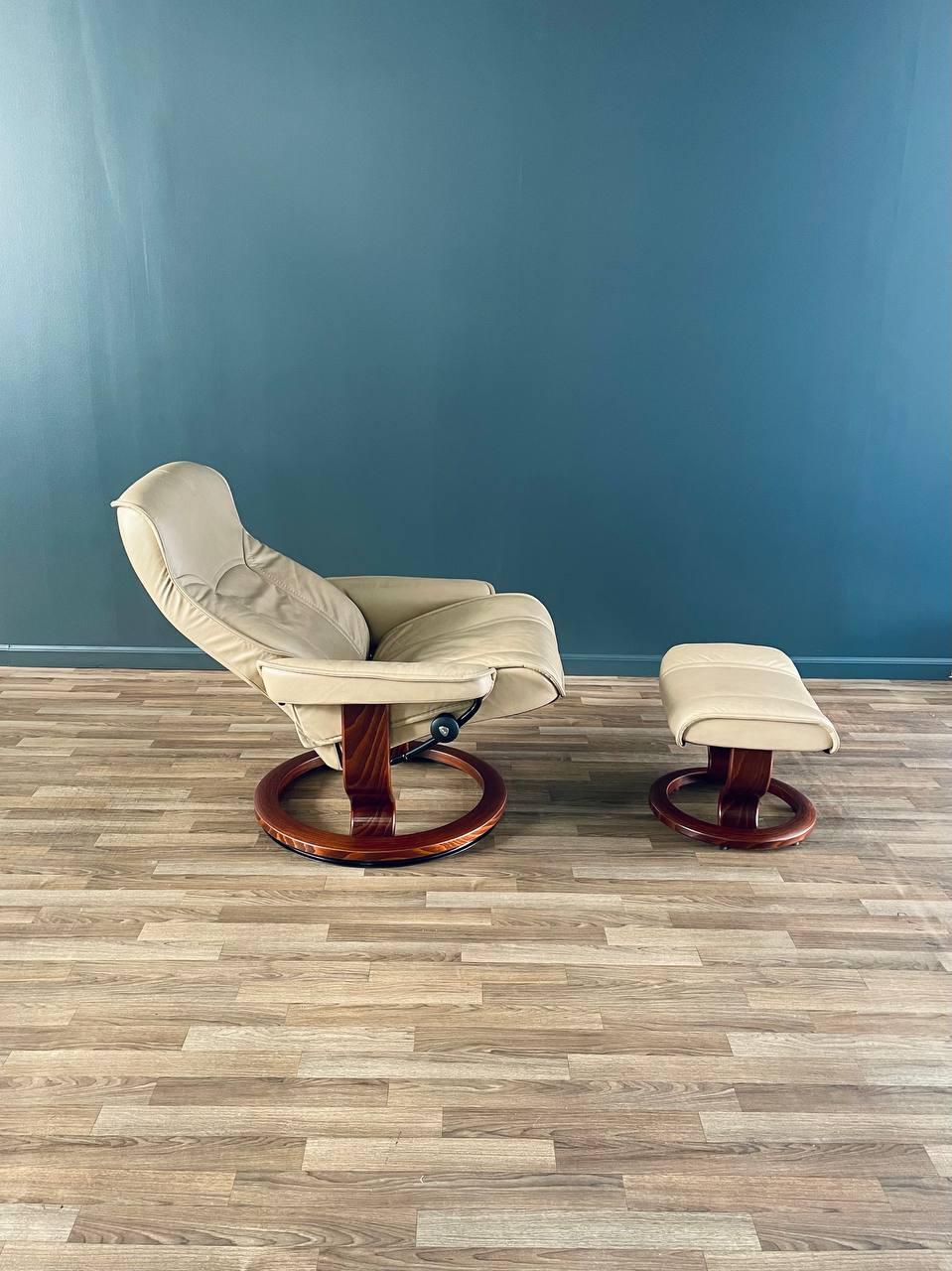 Swedish Ekornes Stressless Beige Leather Reclining Swivel Lounge Chair with Ottoman