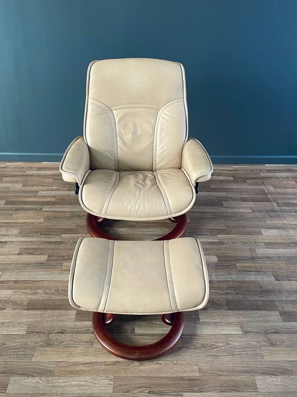 Contemporary Ekornes Stressless Beige Leather Reclining Swivel Lounge Chair with Ottoman