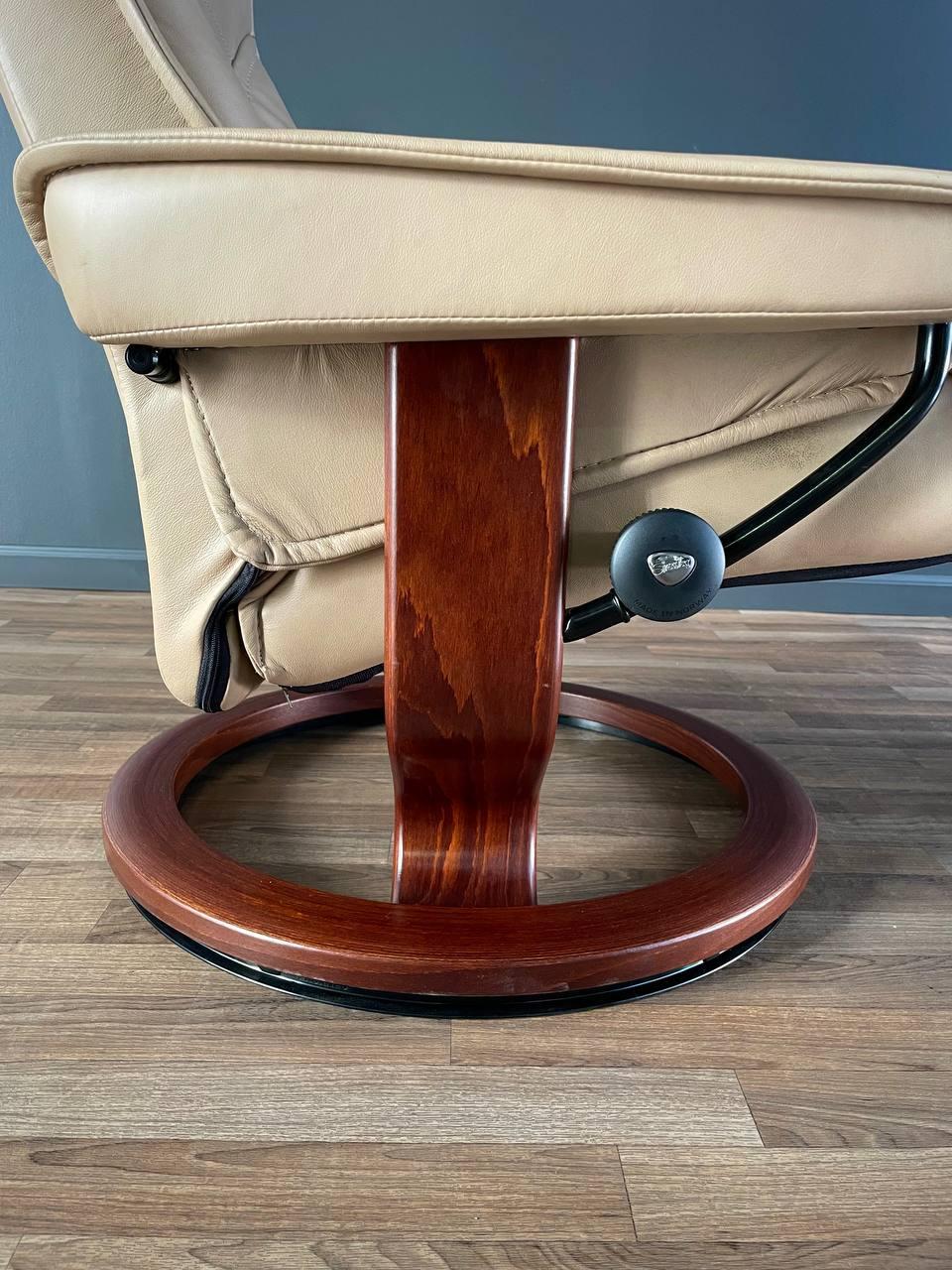 Ekornes Stressless Beige Leather Reclining Swivel Lounge Chair with Ottoman 3
