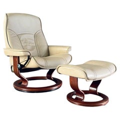 Ekornes Stressless Beige Leather Reclining Swivel Lounge Chair with Ottoman