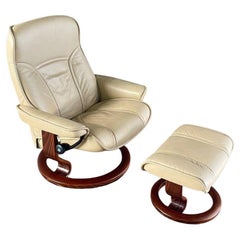Ekornes Stressless Beige Leather Reclining Swivel Lounge Chair with Ottoman