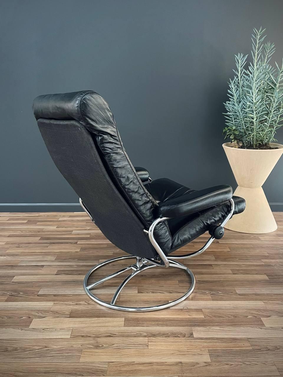 Swedish Ekornes Stressless Black Leather & Chrome Reclining Swivel Lounge Chair