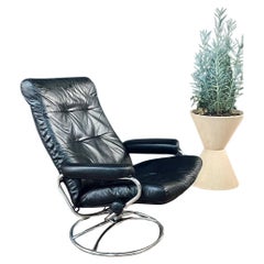 Vintage Ekornes Stressless Black Leather & Chrome Reclining Swivel Lounge Chair