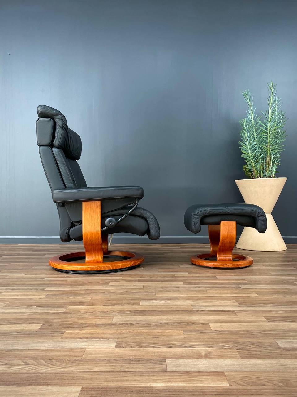 Post-Modern Ekornes Stressless Black Leather Reclining Swivel Lounge Chair with Ottoman