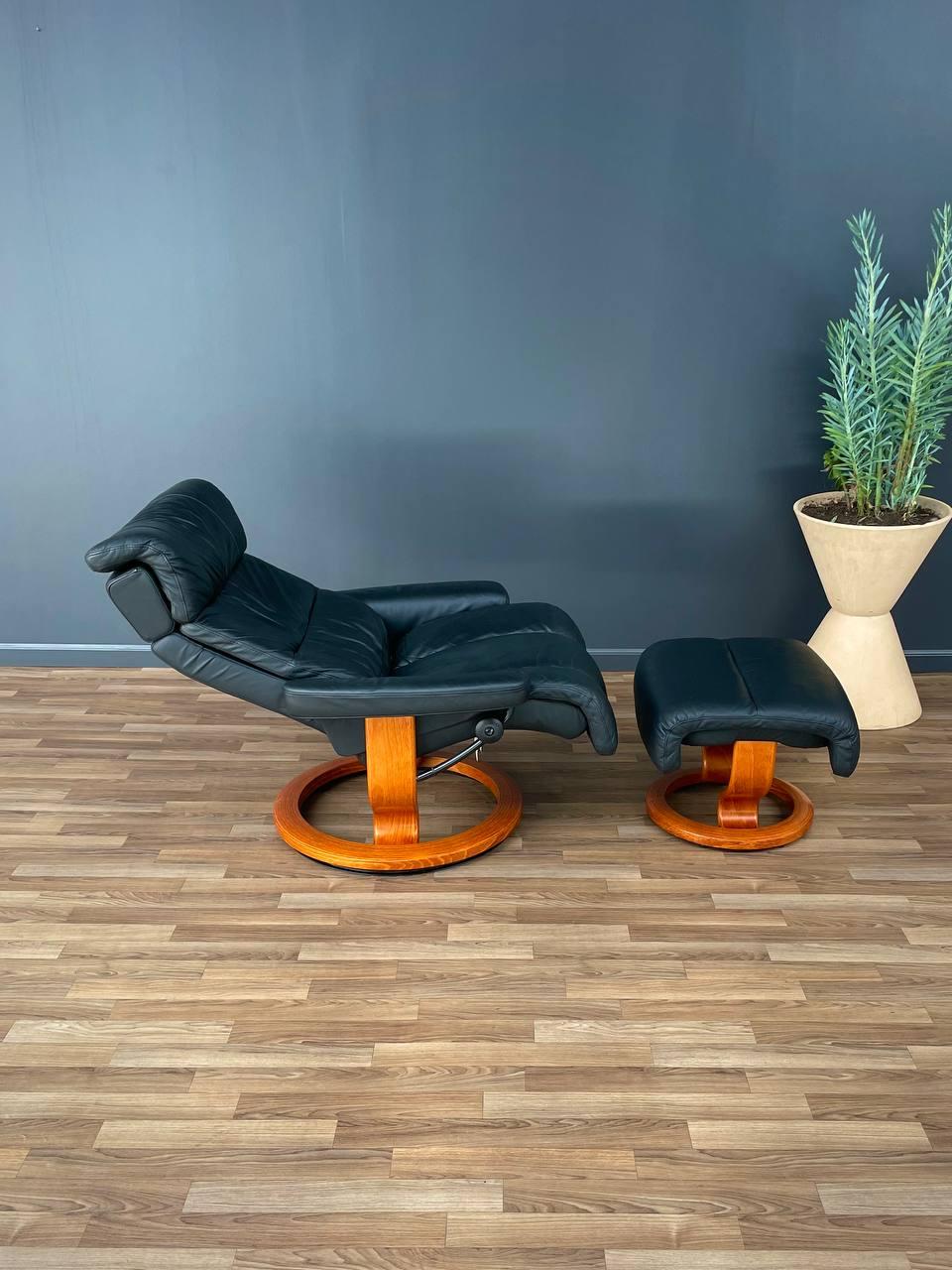 Swedish Ekornes Stressless Black Leather Reclining Swivel Lounge Chair with Ottoman