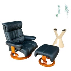 Used Ekornes Stressless Black Leather Reclining Swivel Lounge Chair with Ottoman