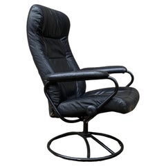 Vintage Ekornes Stressless Black Leather Swivel Reclining Lounge Chair Seat Arm Chair
