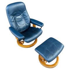 Retro Ekornes Stressless Blue Leather Reclining Swivel Lounge Chair with End Table & O