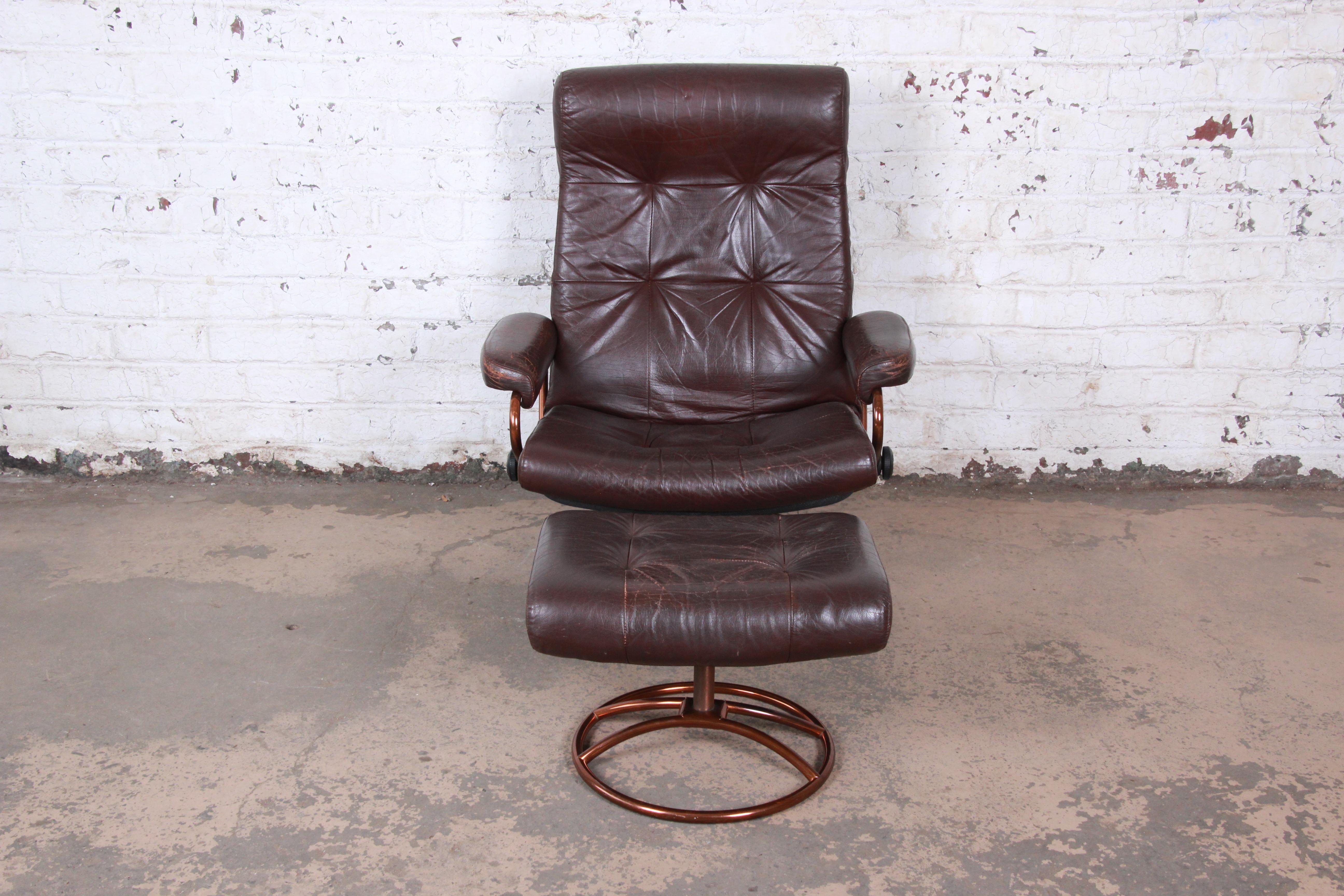Norwegian Ekornes Stressless Brown Leather Lounge Chair and Ottoman