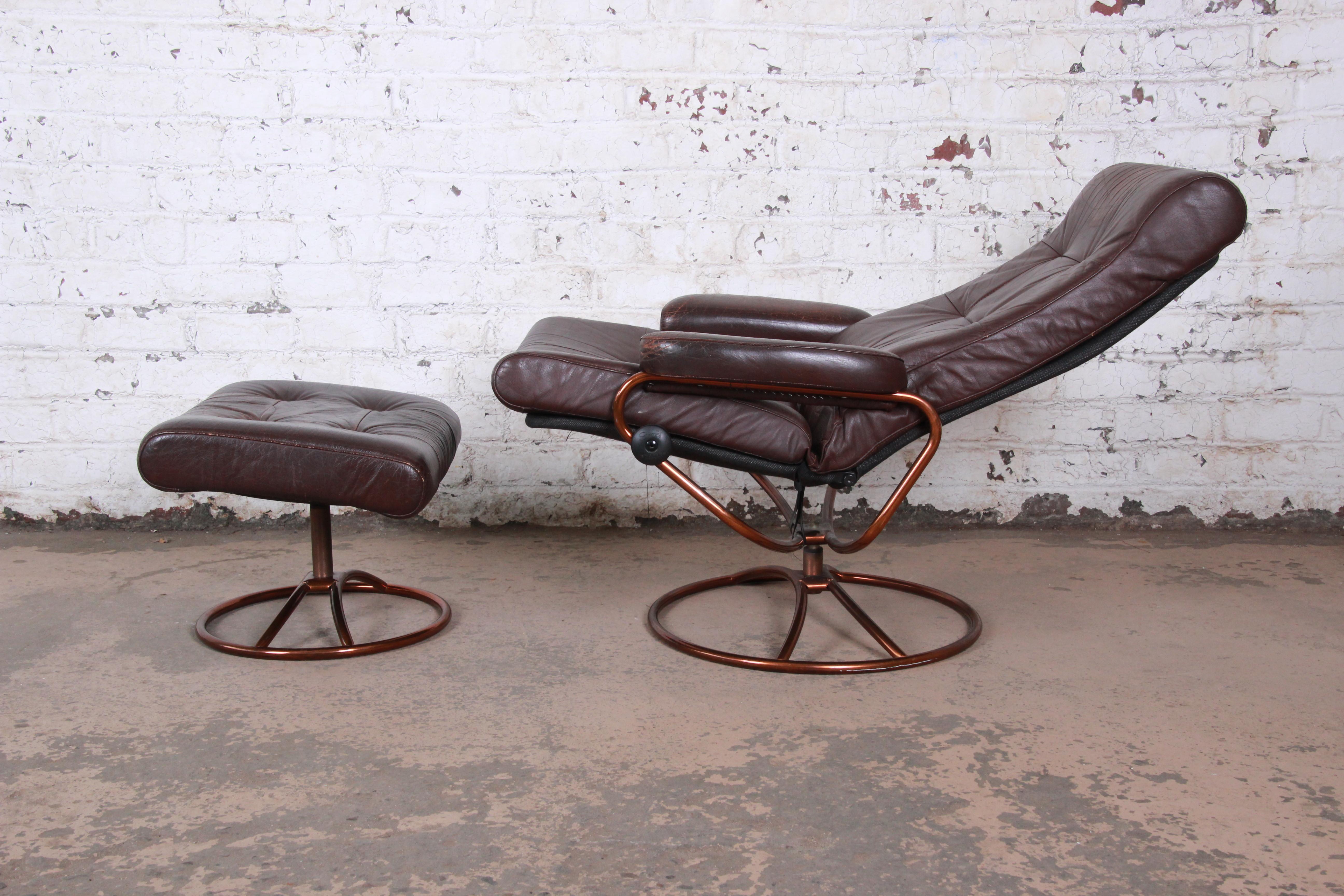 20th Century Ekornes Stressless Brown Leather Lounge Chair and Ottoman