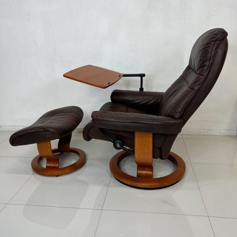 Stressless Ekornes Brown Leather Recliner and Ottoman Swing Computer