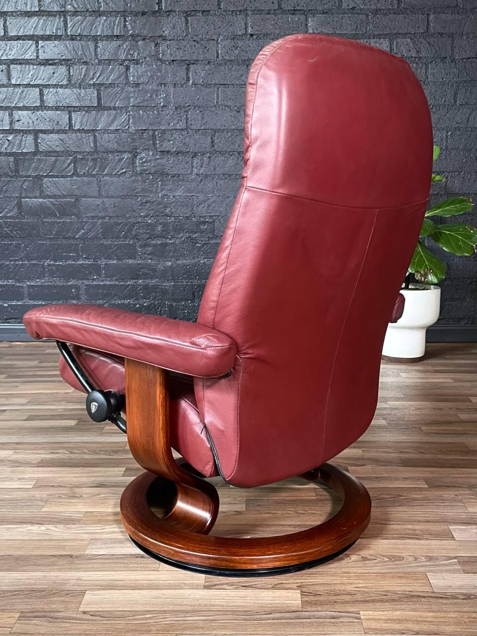 Contemporary Ekornes Stressless Burgundy Leather Reclining Swivel Lounge Chair w/ Ottoman For Sale