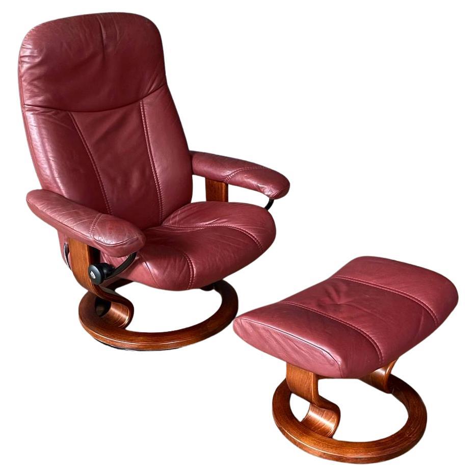 Ekornes Stressless Burgundy Leather Reclining Swivel Lounge Chair w/ Ottoman