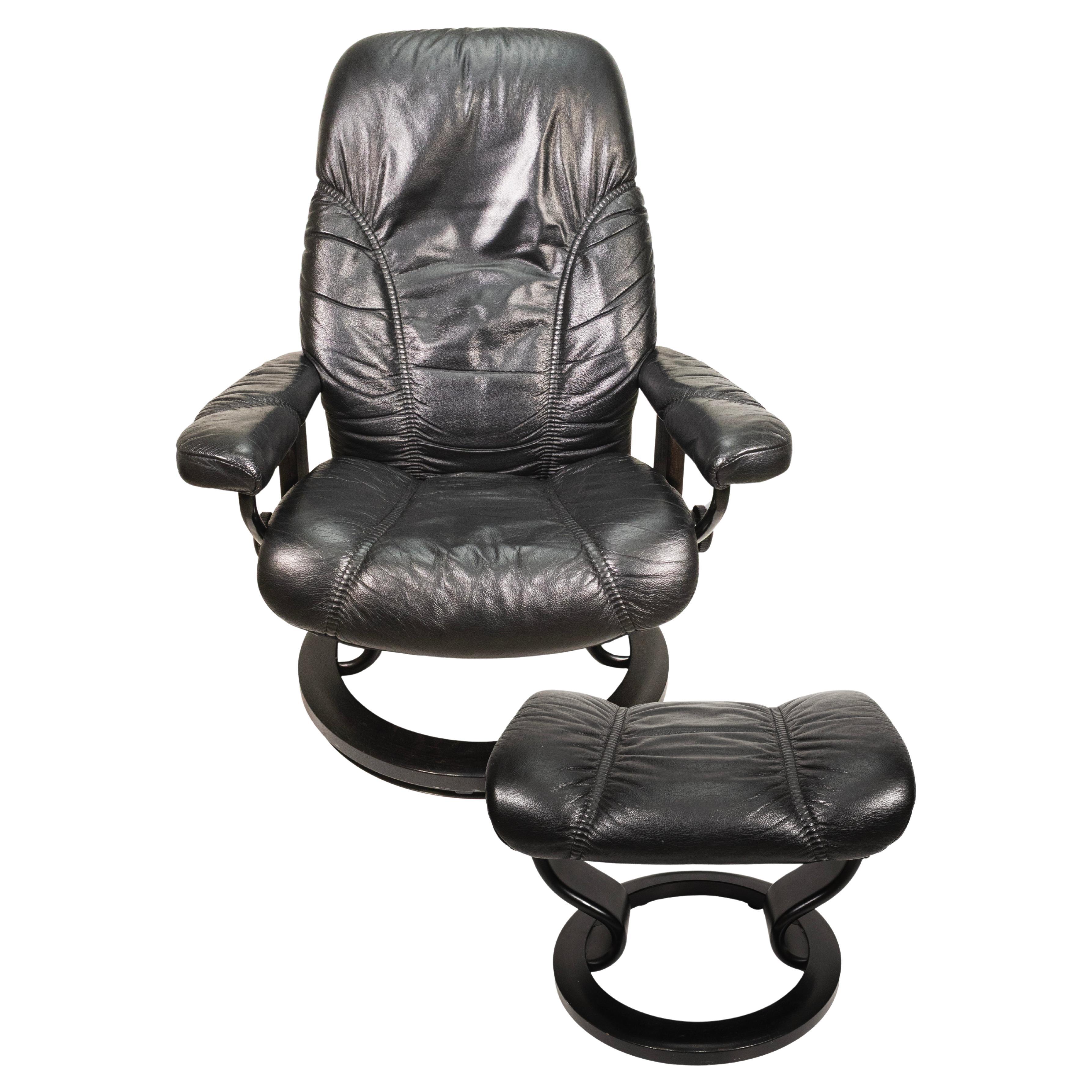 Ekornes Stressless Danish Black Leather Swivel Lounge Chair with Ottoman