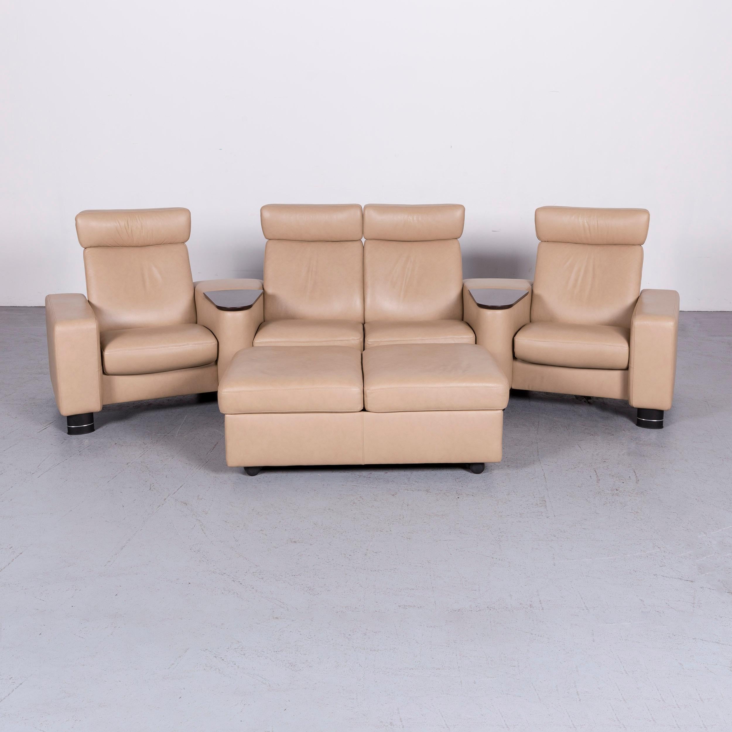 Norwegian Ekornes Stressless Designer Leather Sofa Beige Four-Seat Recliner Couch  For Sale