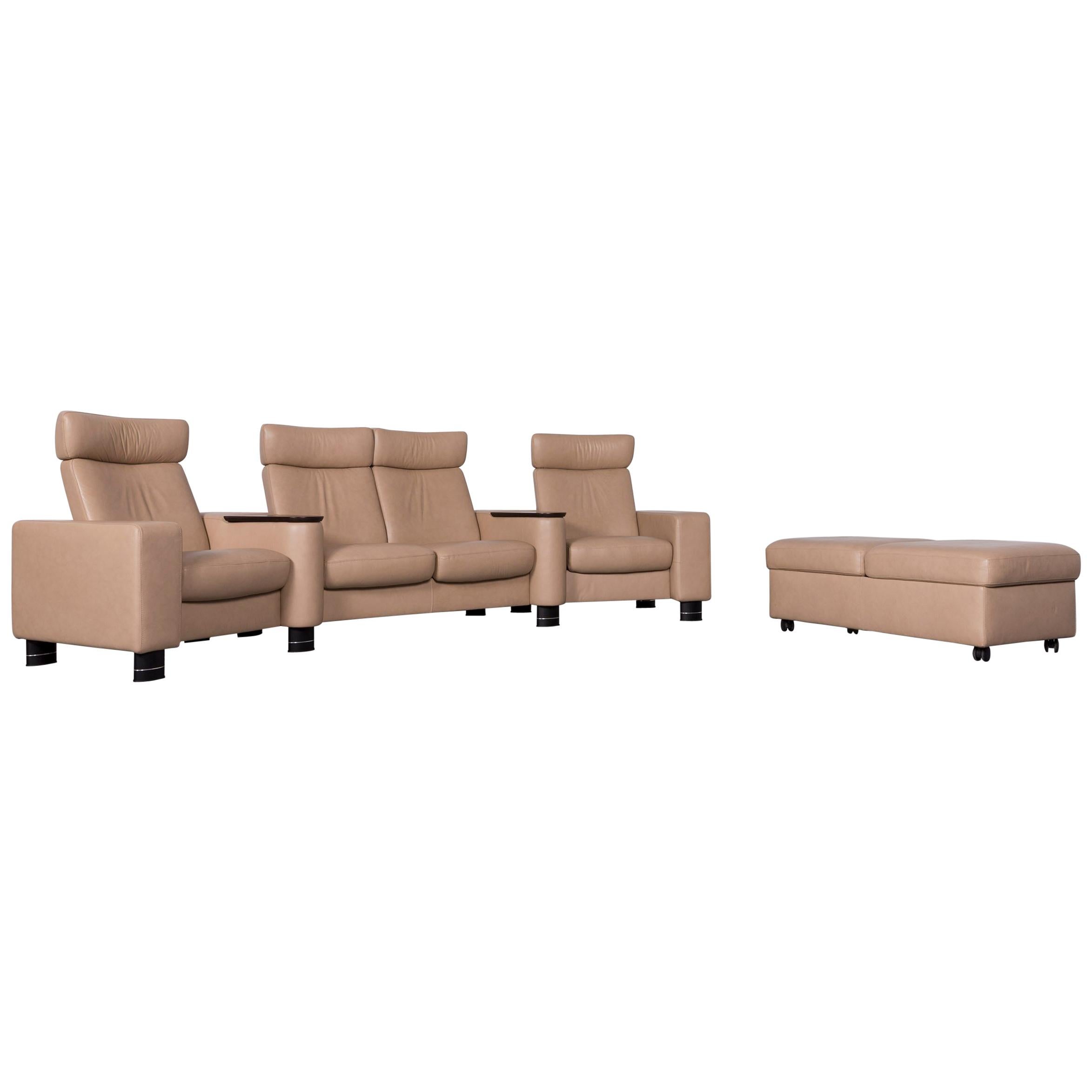 Ekornes Stressless Designer Leather Sofa Beige Four-Seat Recliner Couch  For Sale