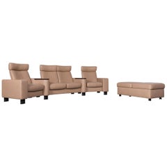 Ekornes Stressless Designer Leather Sofa Beige Four-Seat Recliner Couch 