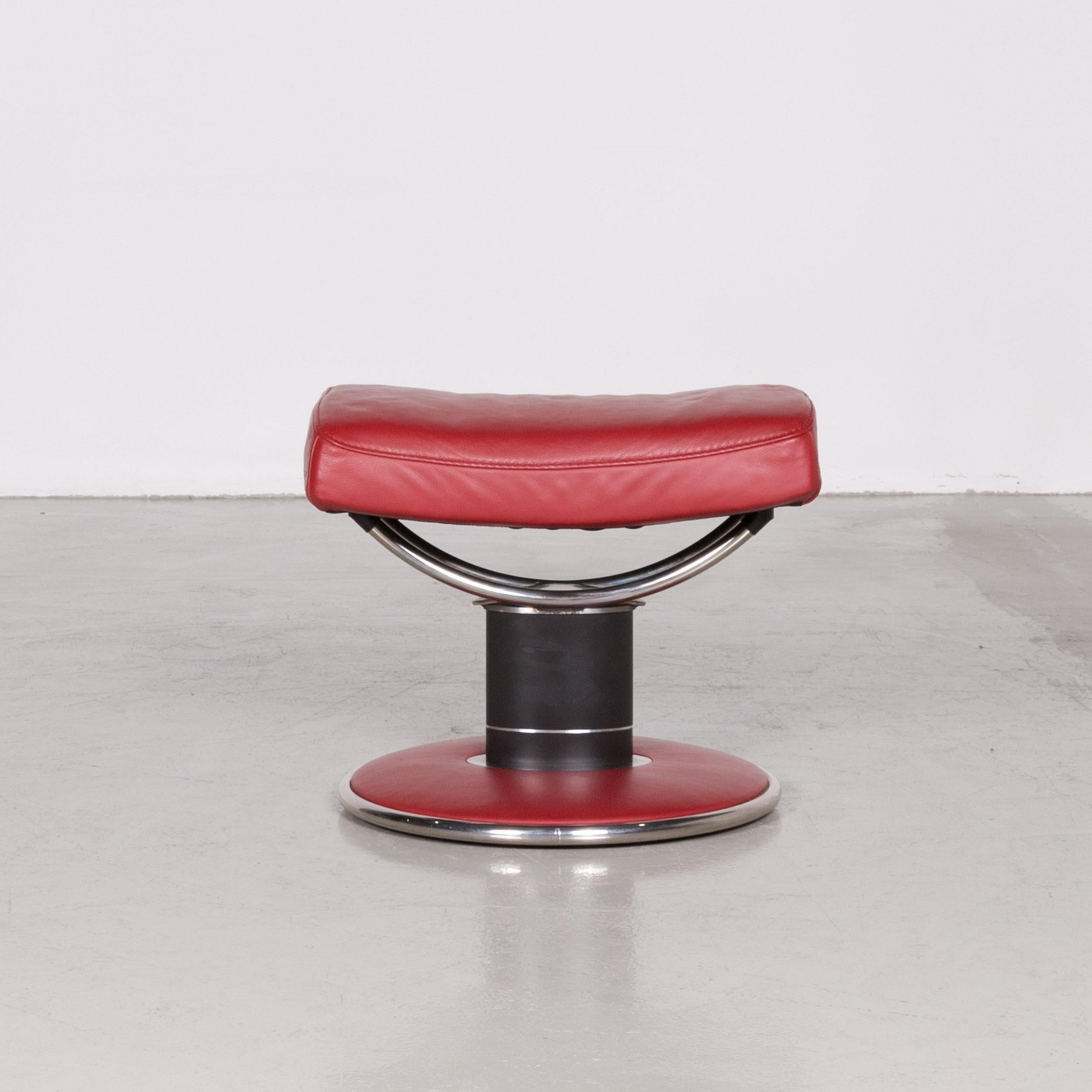 Contemporary Ekornes Stressless Jazz Designer Footstool Red Leather Chrome For Sale