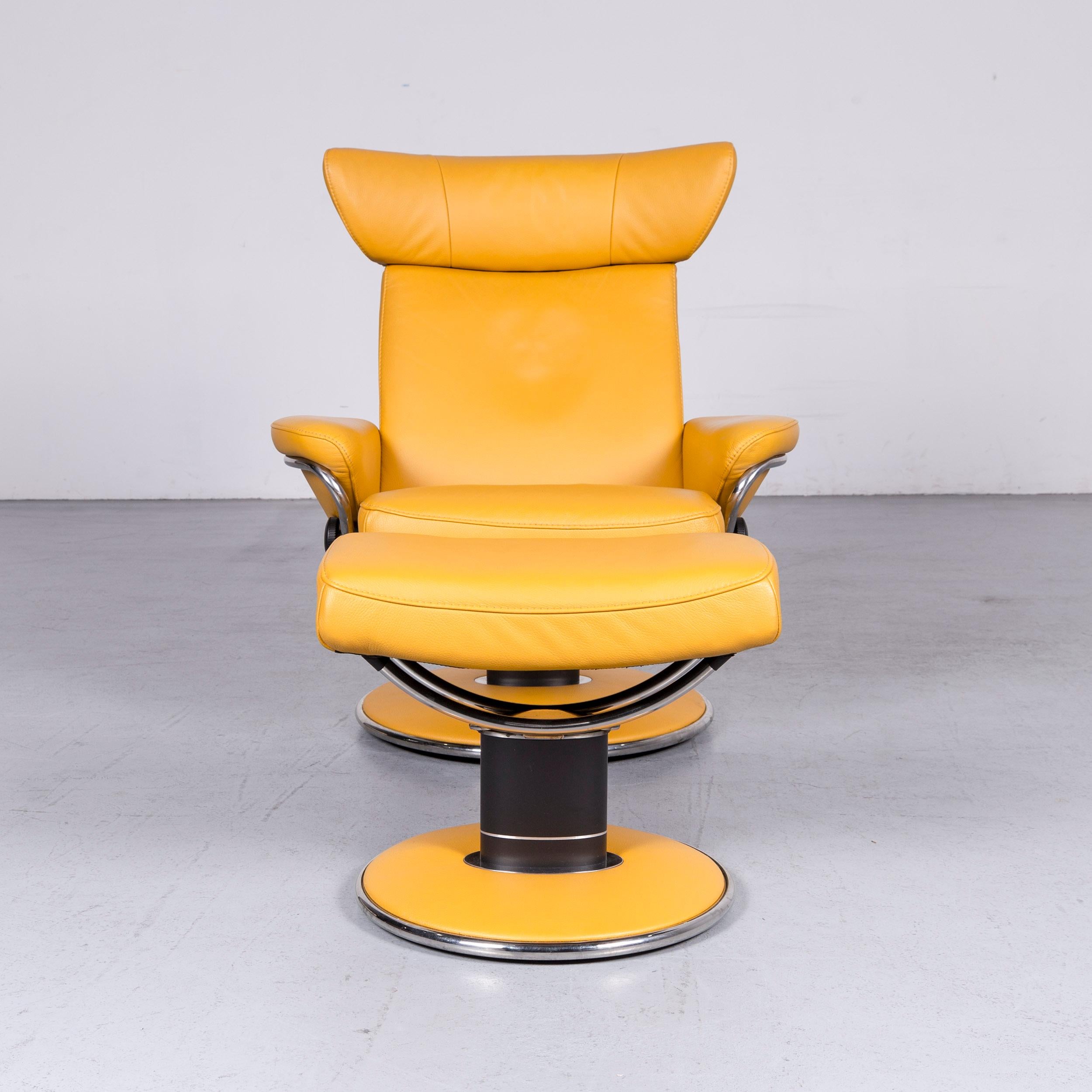We bring to you an Ekornes Stressless Jazz designer leather armchair yellow with stool.