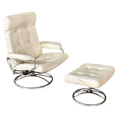 Ekornes Stressless Leather & Chrome Reclining Swivel Lounge Chair w/ Ottoman