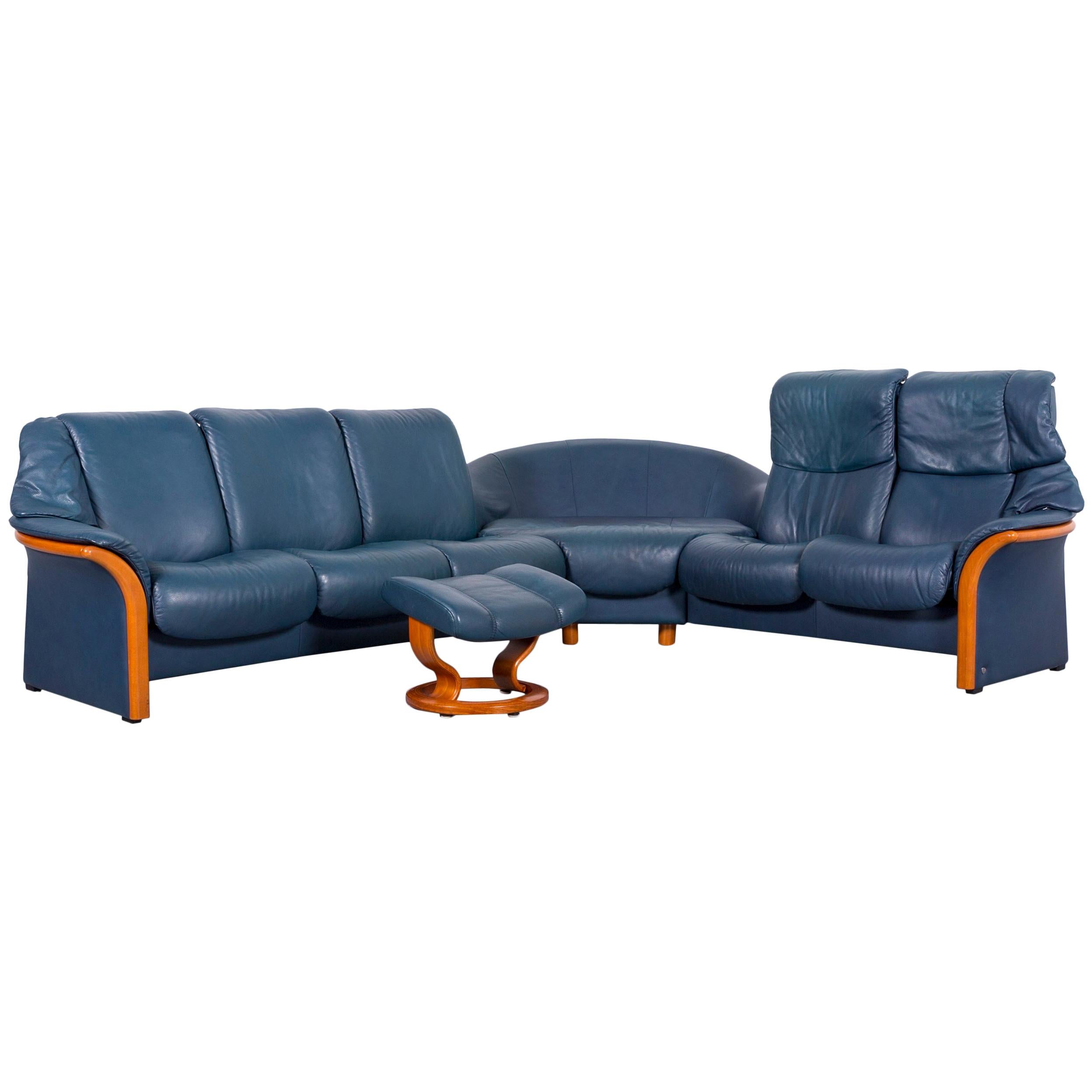 Ekornes Stressless Leather Corner Sofa Blue and Foot-Stool