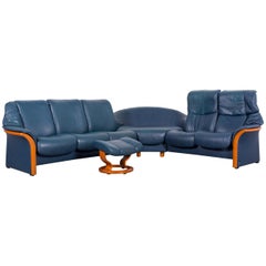 Canapé d'angle en cuir Ekornes Stressless bleu et pouf