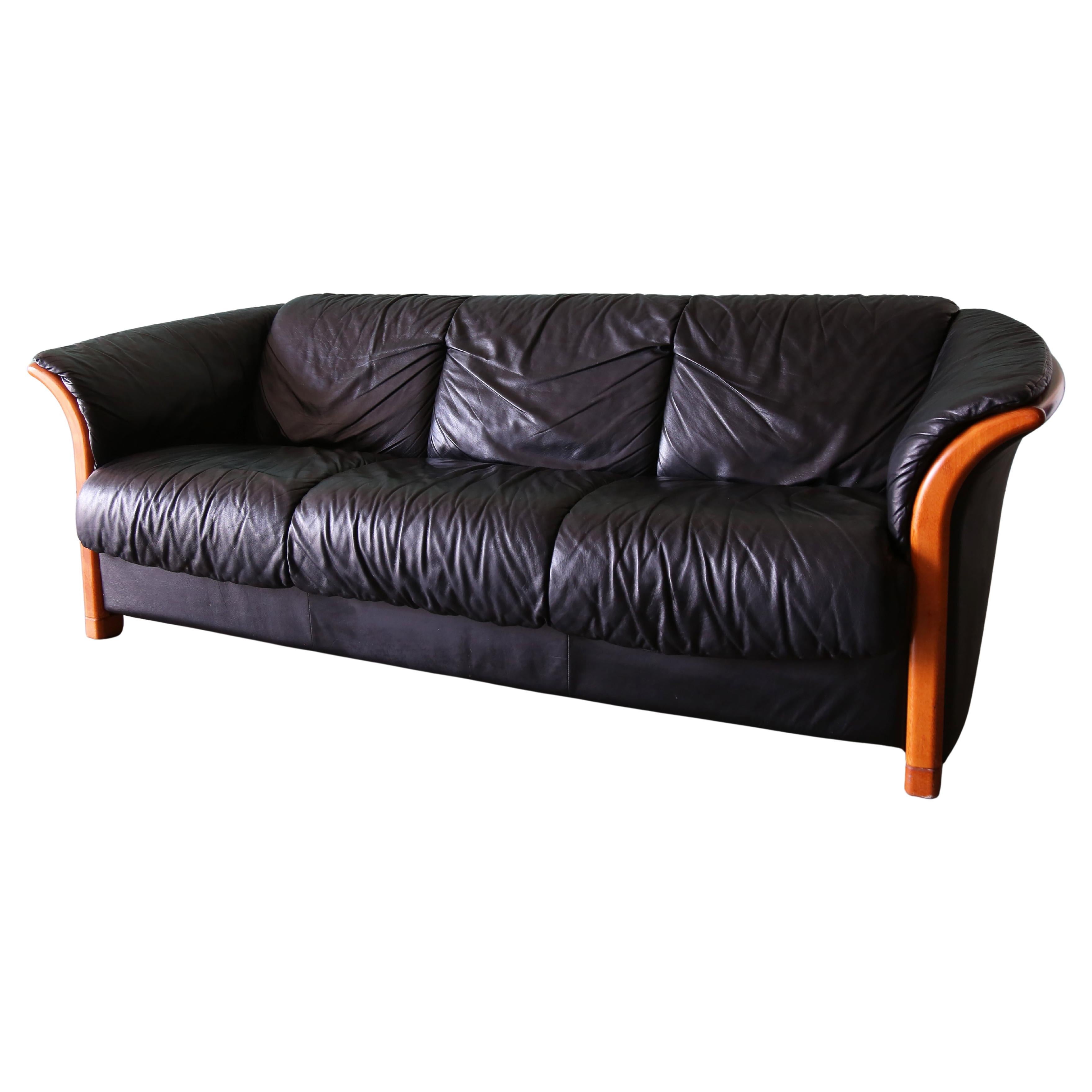 Ekornes Stressless "Manhattan" Norway Teak and Black Leather Sofa Couch Danish