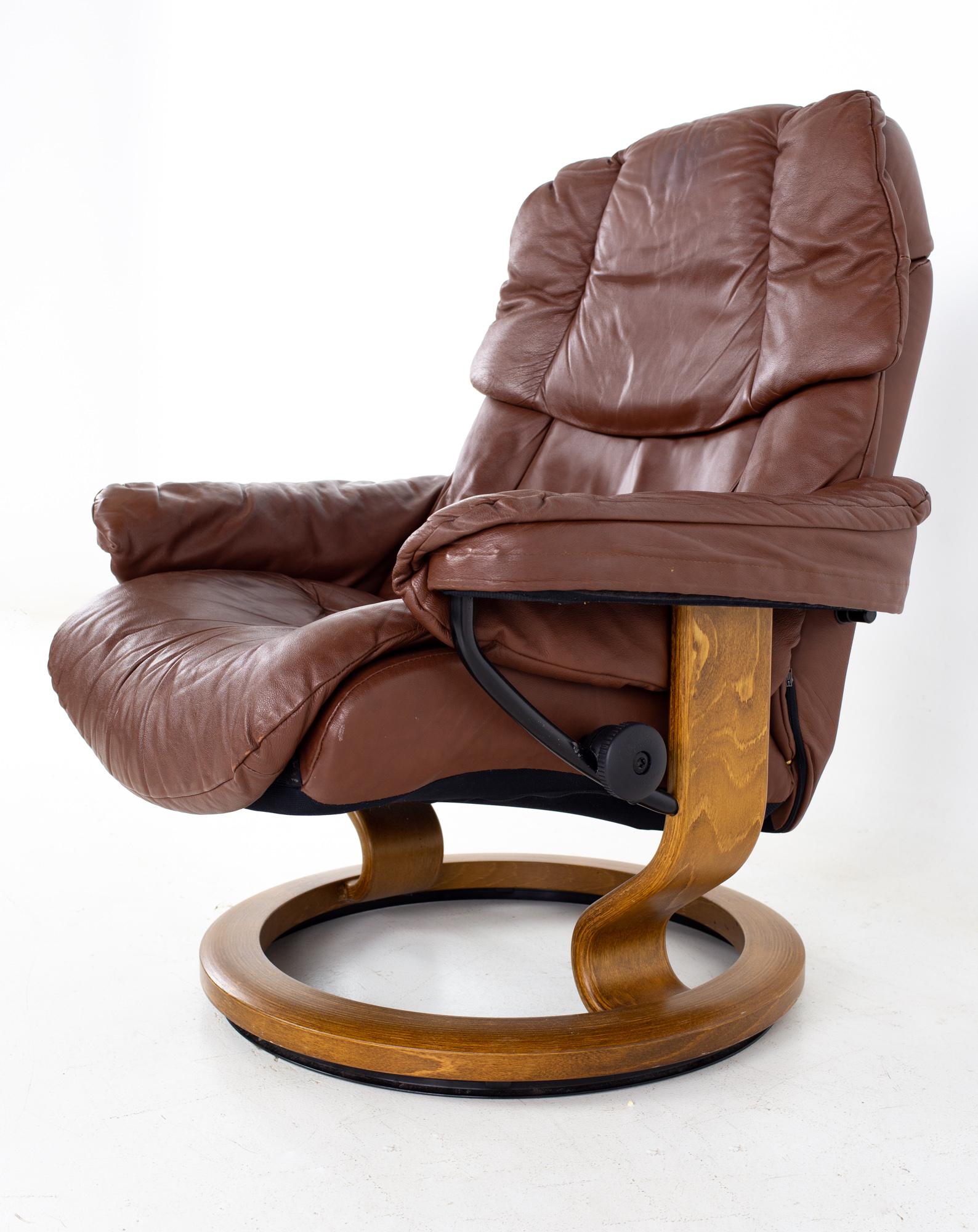 Ekornes Stressless Paloma Mid Century Reclining Swivel Leather Lounge Chair and 1