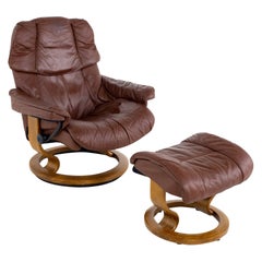 Vintage Ekornes Stressless Paloma Mid Century Reclining Swivel Leather Lounge Chair and