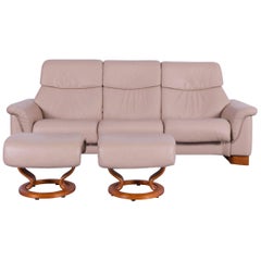 Used Ekornes Stressless Paradise Sofa Set Beige Leather Three-Seat Recliner