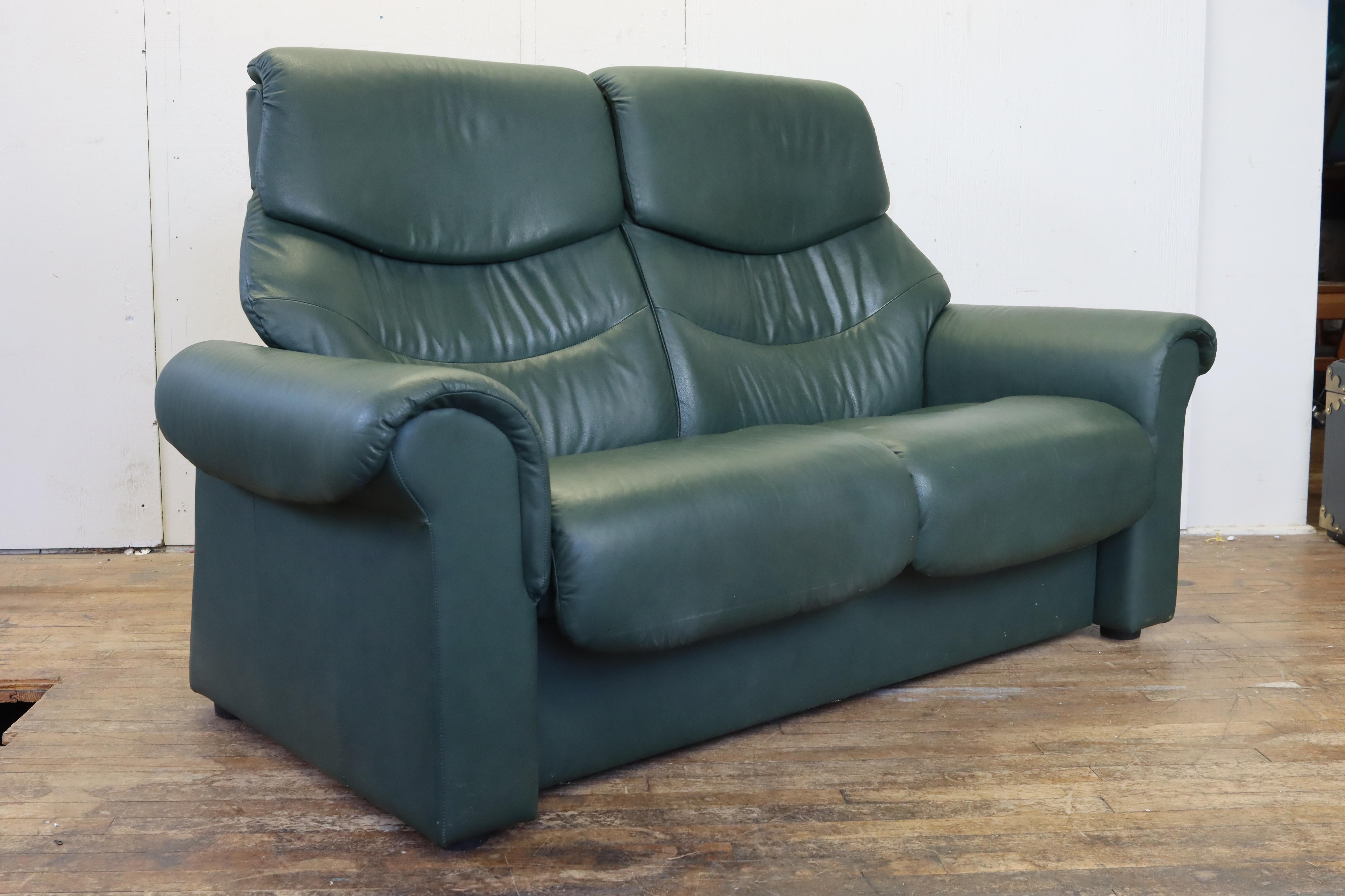 Norwegian Ekornes Stressless Reclining Green Leather Loveseat