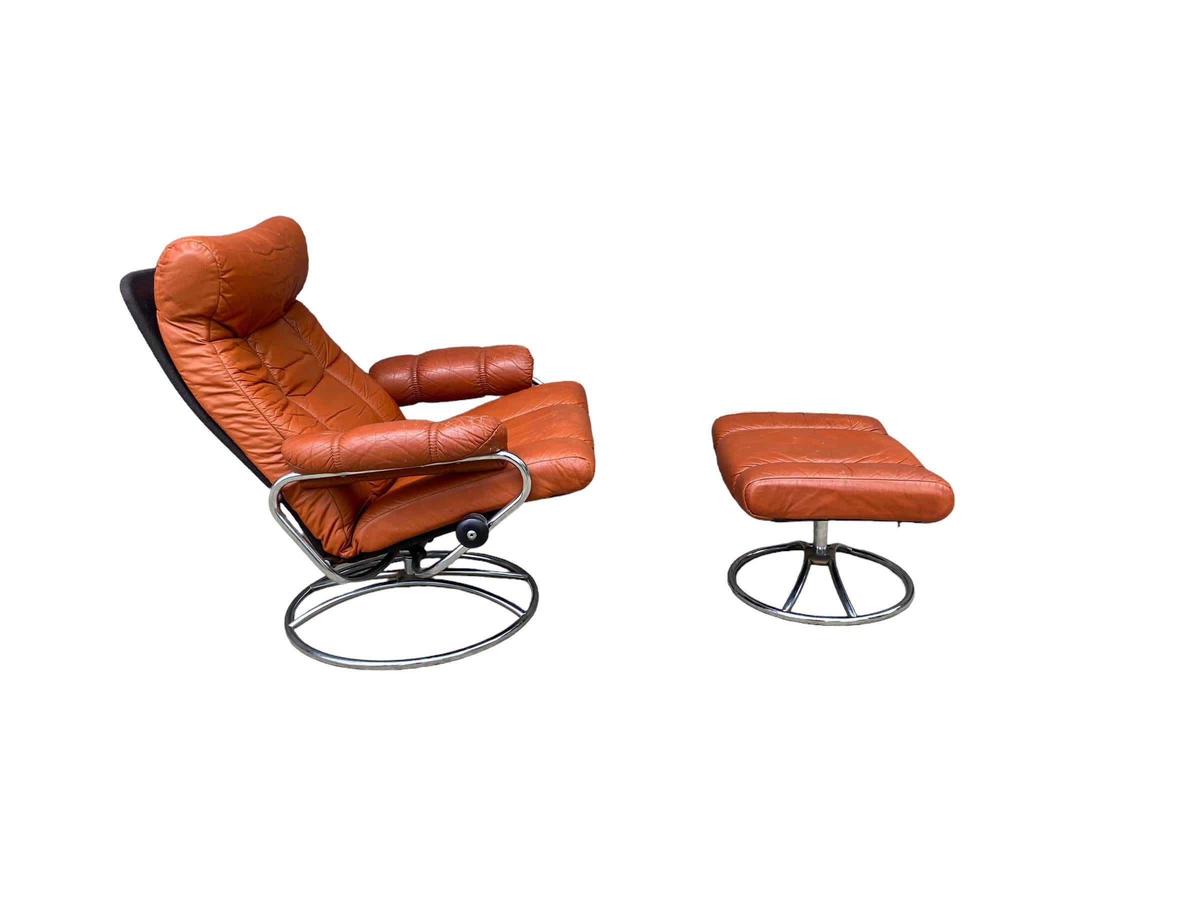 Mid-Century Modern Ekornes Stressless Reclining Lounge Chair and Ottoman
