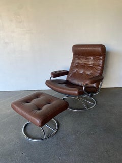 Ekornes Stressless Reclining Lounge Chair and Ottoman in Brown Leather