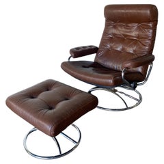 Ekornes Stressless Reclining Lounge Chair and Ottoman in Brown Leather