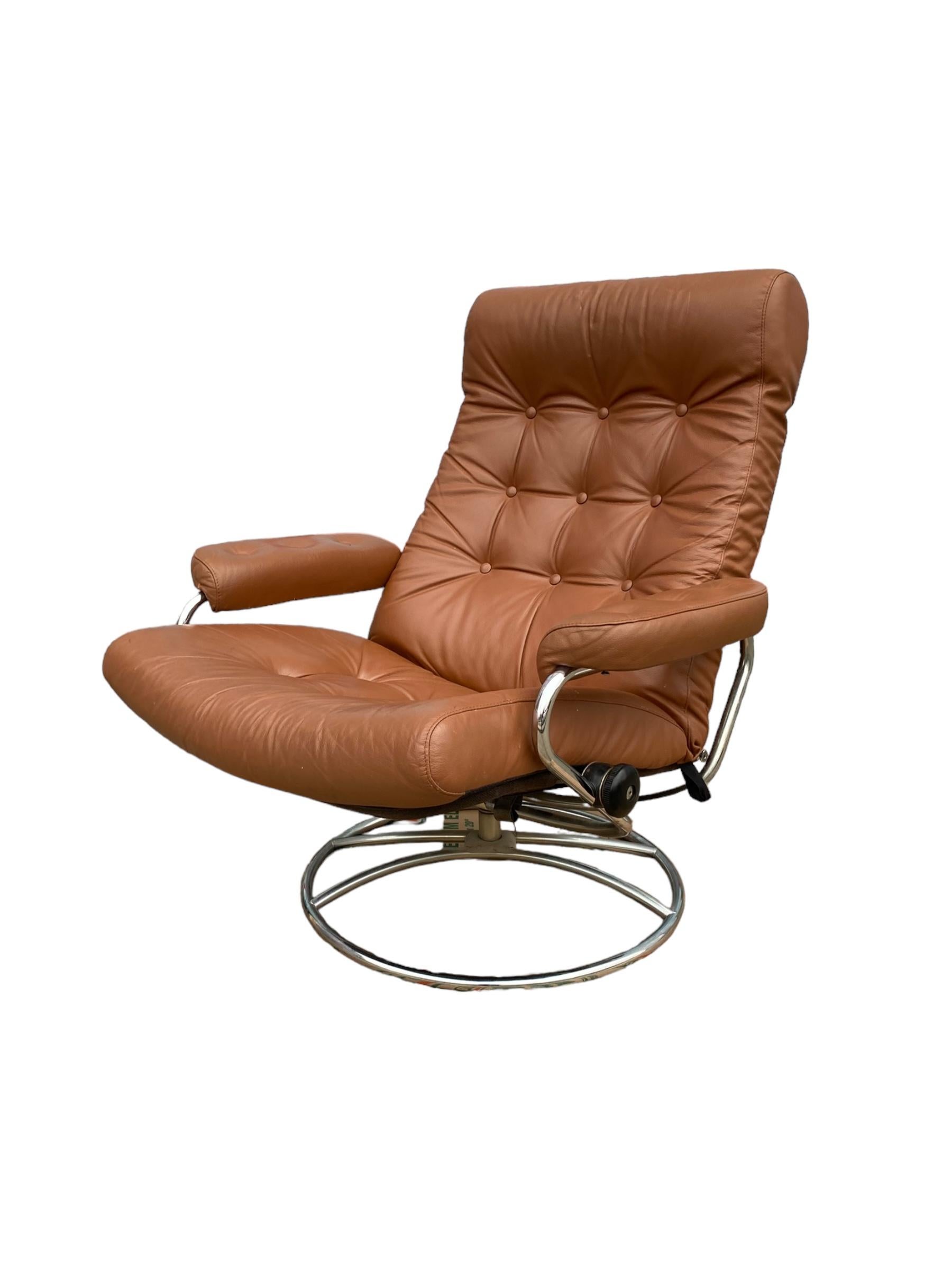 Leather Ekornes Stressless Reclining Lounge Chair and Ottoman in Burnt Orange
